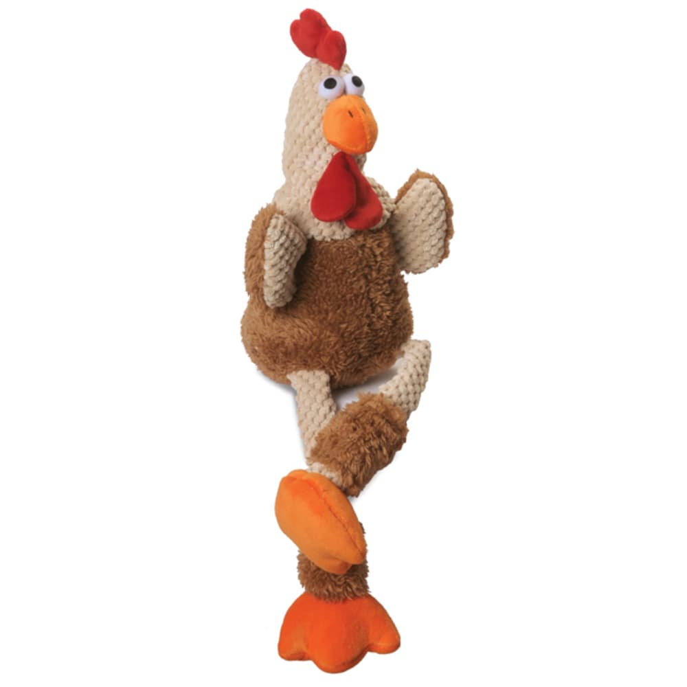 goDog Checkers Skinny Brown Rooster with Chew Guard Technology Durable Plush Squeaker Dog Toy Mini