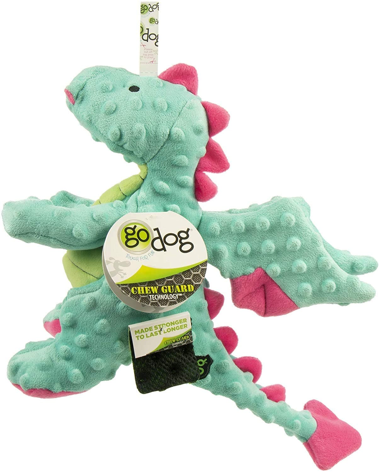 goDog Dragons with Chew Guard Technology Durable Plush Squeaker Dog Toy Seafoam Large