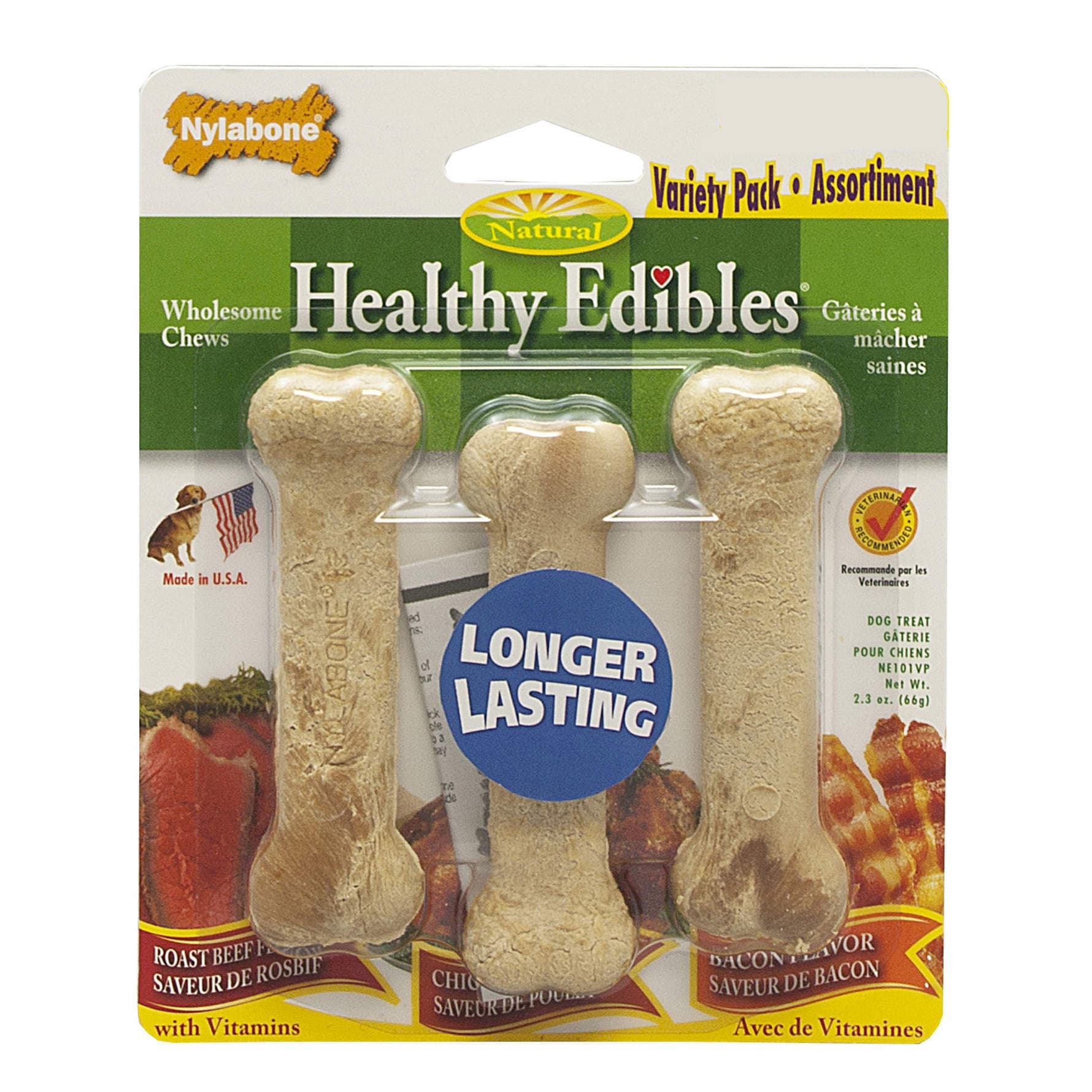 Nylabone Healthy Edibles Longer Lasting Roast Beef-Chicken-Bacon Variety Triple Pack Blister Card Petite